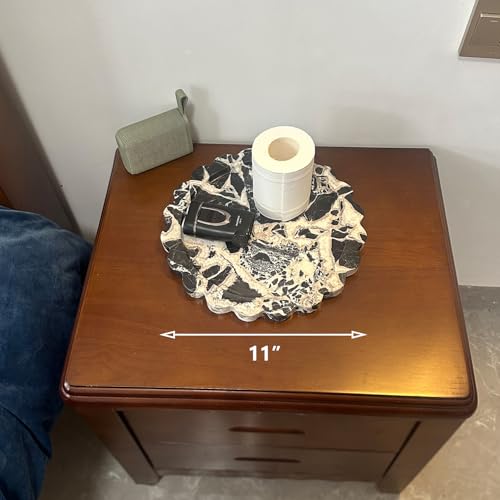 11" Round Marble Tray with Scalloped Edge, Black Marble Decorative Tray for Coffee Table (Black and White) - color: Black