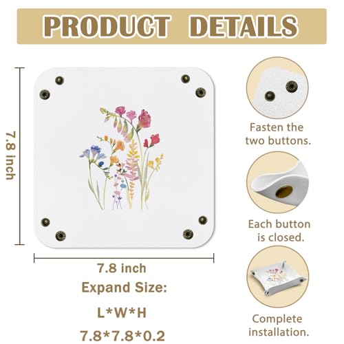 Floral Leather Jewelry Valet Tray, Watercolor Flower Botanical PU Leather Catchall Beside Caddy Nightstand Organizer Tray for Jewelry Rings Watches Keys and Accessories, 7.8x7.8inch