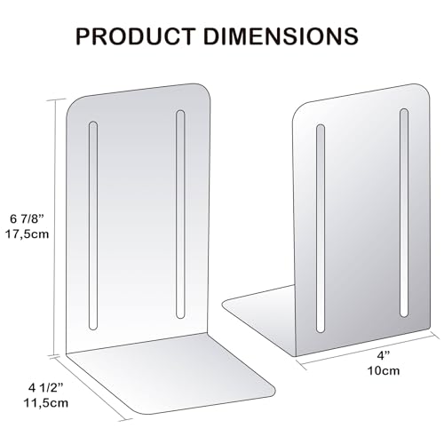Acrimet Metal Bookends, Non-Skid Book Stand for Shelves, Heavy Duty Book Stopper, 6-7/8" H x 4" W x 4-1/2“ D, (Black Bookends with Silver Design), 1 Pair - color: Black Bookend With Silver Design, size: 10 cm X 11,5 cm X 17,5 cm