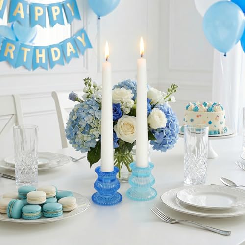 Blue Candlestick Holders 12 Pcs, Ribbed Taper Candle Holders for Table Centerpieces, Vintage Glass Candle Holders Bulk for Wedding, Birthday, Baby Shower Decoration - color: Blue&clear