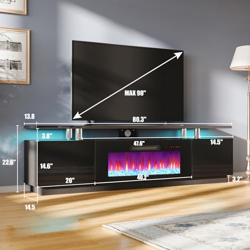 AMERLIFE Fireplace TV Stand with 40" Fireplace, 80" Modern Fireplace Entertainment Center LED Lights, 2 Tier TV Console Cabinet for TVs Up to 90", Obsidian Black - color: Black, size: 80"