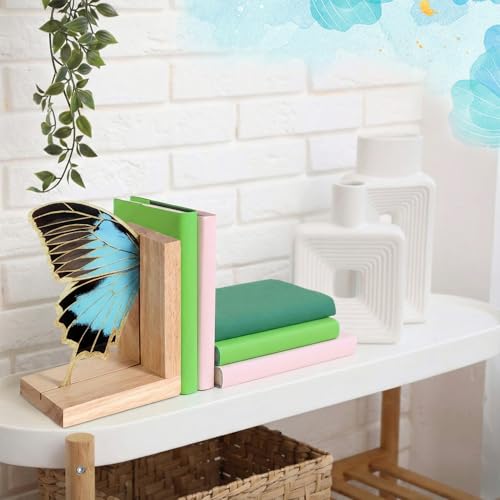 Decorative Butterfly Bookends Wooden Acrylic Butterflys Bookend Modern Bookshelf Decor Accent Book Stopper Decor for Home Farmhouse Shelves Office Lover Gift(Blue Butterfly) - style: Blue Butterfly
