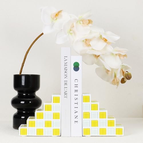 Decorative Bookends for Shelves - Stair Book Ends for Heavy Books - Unique Book Stopper & Holder for Shelves - Modern Home Decor Aesthetic Bookshelf Decor (Yellow & White) - color: Yellow & White