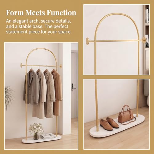 Gold Clothing Rack with Marble Base, Modern Gold Coat Racks Freestanding with 2 Hooks, Heavy Duty Clothes Rack, Coat Rack Stand for Entryway, Bedroom, Living Room, Boutiques - style: Coat-23.6''W