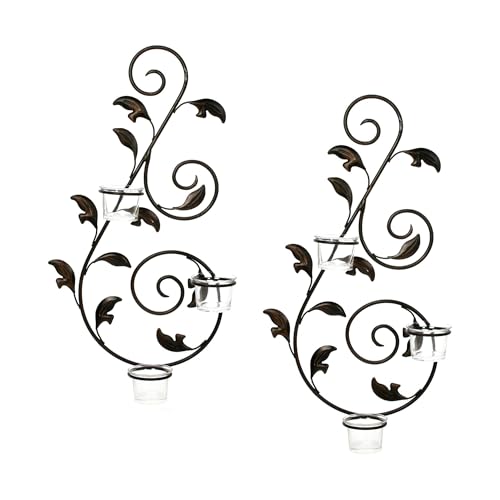 Hosley Set of 2 Iron Leaf Wall Sconce Set with Tealights 18" High Large Scale Wall Decor Elegant Iron Sconces for Home Decorative Metal Leaf Design Perfect for Modern - color: Black-6