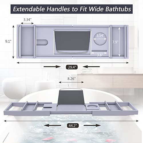 Domax Bathtub Caddy Tray Expandable Bamboo Tub Tray for Luxury Bath with Book Holder and Free Soap Dish (Gray, 29.4"-44.2"x 9.1"x1.65") - color: Gray