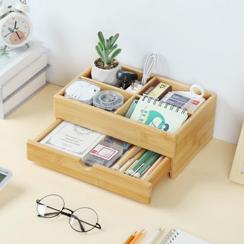GOBAM Bamboo Makeup Organizers and Storage with Drawer - Wooden Cosmetic Organizer Countertop for Bathroom, Bedroom, Closet, Kitchen, Vanity & Dresser - Make up Vanity Station - size: Large