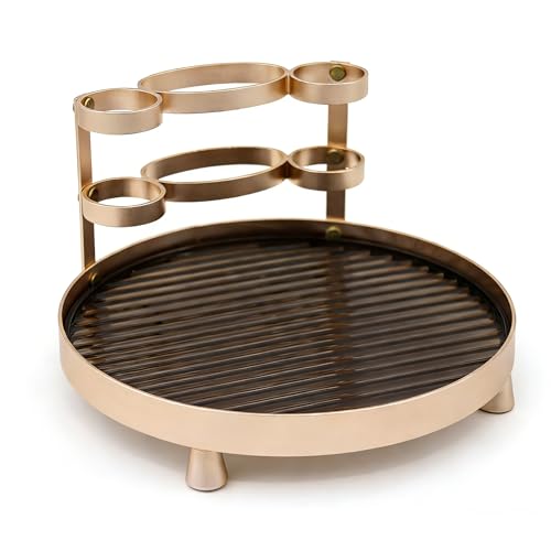 YUPER Round Metel Bathroom Tray Dresser Counter Decor Vanity Organizer Decorative Coffee Table Tray for Perfume, Candle, Soap Dish, Toothbrush, 9 Inch, Gold