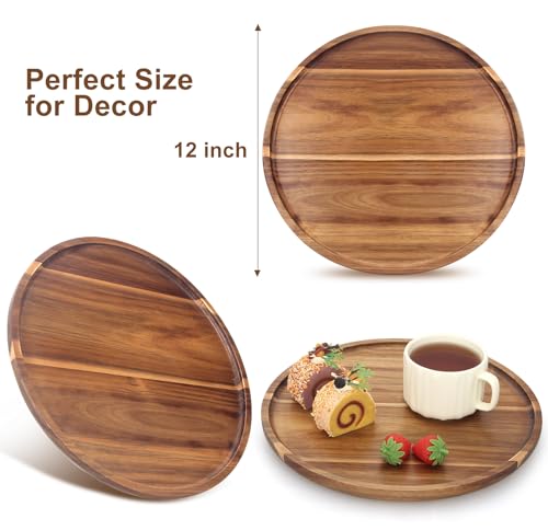 Acacia Round Wood Tray Decorative Serving Trays for Ottoman Coffee Table Candle Holder Tray Kitchen Counter Island Accents Home Decor Circle Circular Wood Centerpiece Trays for Dining Room Table - color: Acacia Wood, size: 12"