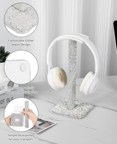 Silver Rhinestone Headphone Stand – Bling Crystal Headset Holder for Y2K Gaming Desk Setup – Sturdy Weighted Metal Base with Soft TPU Rest – Sparkly Luxury Gift for Women & Teen Girls (Silver) - color: Silver Sparkle