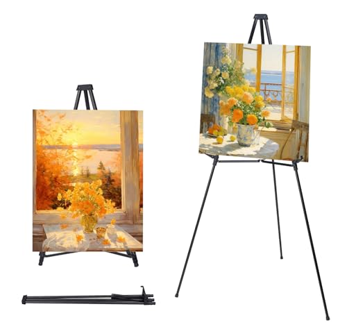 MXG Professional Aluminum Foldable Display Easel for Painting, Signs, Poster, 33-64" Height Adjustable Table Top & Floor Metal Tripod for Canvas, Art, Exhibits, Office, Outdoor - Black - color: Black