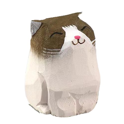 Wooden Cat Figurines Sculpture Statue Lovely Small Carved Orange Cat Statue Handmade Wood Kitten Art Carving Work for Home Office Decoration (Little White Gray Cat) - color: Little White Gray Cat