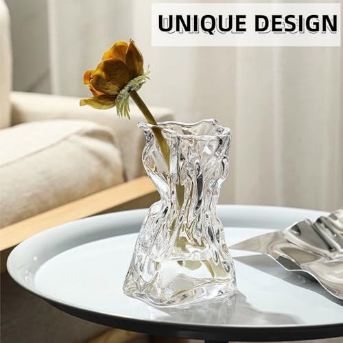 Covzoe Glass Vase, 8.7 Inch Tall Irregular Shaped Flower Vase with Hemp Rope, Clear Art Decorative Vases, Modern Home Bouquet Vases for Wedding, Living Room, Dining Table, Office