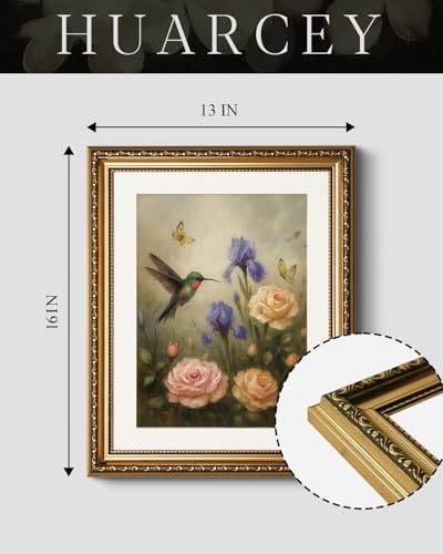 HUARCEY Vintage Floral Bird Painting Canvas Wall Art 13x16, Classic Botanical Hummingbird Flower Gold Framed Print, Elegant Traditional Cottage Farmhouse Living Room Bedroom Home Decor - color: Hummingbird Rose, size: 16"L x 13"W