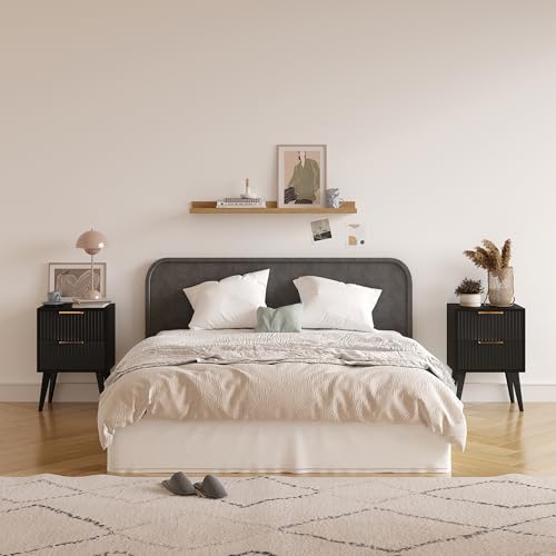 YAUKOMEL Small Black Night Stand,Mid Century Modern Bedside Table, Nightstand with 2 Drawers,Fluted Side Table with Wood Legs, End Table for Bedroom,Small Space Black11.8 D x 15.7" W x 22.8" HCTG55BK - color: Black, style: Fluted Style