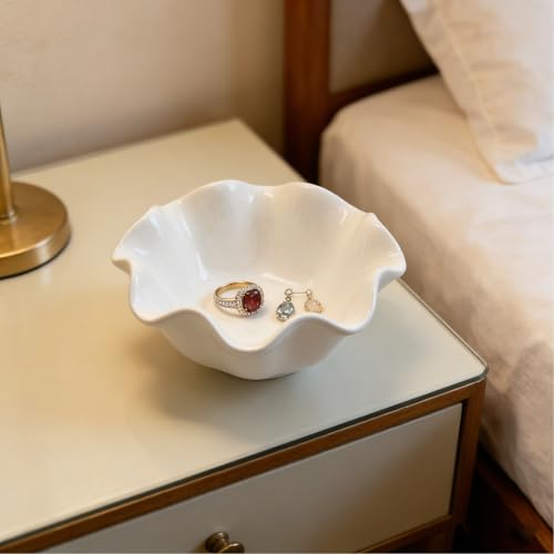 Flower Ring Dish Jewelry Tray, Cute Ceramic Jewelry Dish Tray, Room Decor Small Trinket Dish, Nightstand Ring Holder Dish, Bathroom Jewlery Plate Bowl for Earrings, Birthday Gifts for Women - color: White