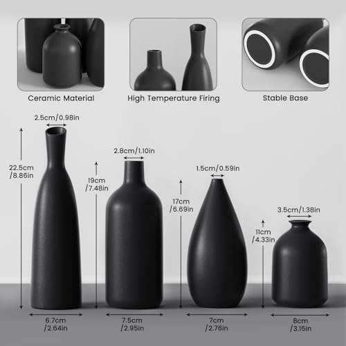 Black Ceramic Vase Set of 4,Modern Minimalist Vase Decor for Bookshelf,Dining Room Coffee Console Table Centerpieces - color: Black*4