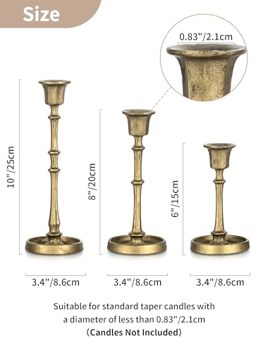 NUPTIO Cast Iron Candlestick Holders: Antique Brass Taper Candle Holders with Unique Drip Wax Aesthetics - Set of 3 Gold Candle Sticks Holder Fireplace Mantel Decor