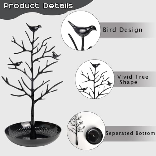 ChezMax Jewelry Display Necklace Earring Organizer Holder Metal Birds Tree Stand with Tray Antique Bracelet Rings Rack Tower Decoration for Women Girl Black 11.8 Inch - color: B-Metal Black