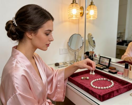 AgentMoon Luxurious Decorative Jewelry Tray,Commodity Display Board,Bedside Storage Tray for Eyeglasses Phone Watch Bracelet Earring Keys.Luxury Extra Velour.(Tabby Red-Pantone No :19-1762TCX) - color: Tabby Red