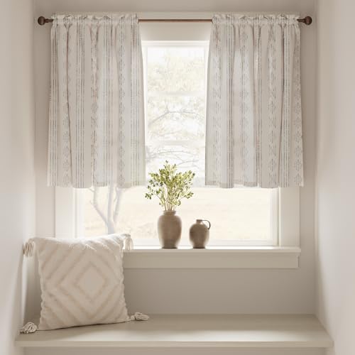 jinchan Boho Kitchen Curtains Linen Tier Curtains 24 Inches Bohemian Cafe Small Drapes Gray Striped Mudcloth Farmhouse for Bathroom RV Camper Light Filtering Rod Pocket 2 Panels Grey on Beige - color: Boho Grey on Beige, size: 26"W x 24"L (Pack of 2)