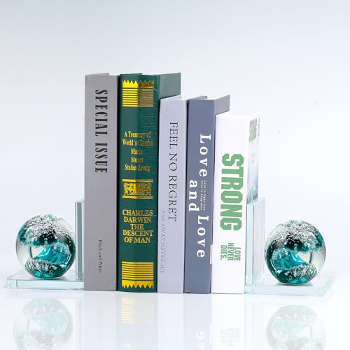 Book Ends for Shelves, Glass Bookends with Dark Blue Glass Hand Blown Sea Wave Ball, Non Skid Sturdy Decorative Bookends for Ocean Lovers, Heavy Books, Office, Set of 2 - color: Dark Blue