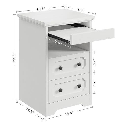 LIKIMIO Night Stand, Modern Bedside Table with 2 Drawers, Open Shelf, End Table with Pull-Out Tray, Wood SideTable, White - color: White