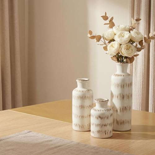 Vintage Ceramic Flower Vase Set of 3, Rustic Farmhouse Vase for Home Decor, Distressed Decorative Vase for Table Entryway Mantel Centerpiece Living Room Bathroom Bedroom (Ivory Vein) - color: 112-ivory Vein