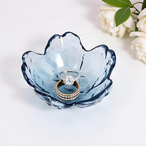 Crystal Blue Flower Ring Dish Jewelry Tray, Decorative Glass Trinket Dish, Modern Accent Tray for Vanity - color: Crystal Blue