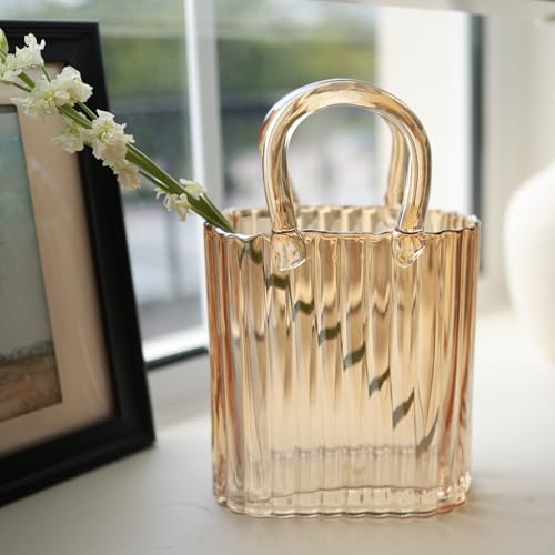 10.8" Modern vase, Transparent Blue Glass Striped Handbag vase, Home Decoration. Elegant Handbag, Suitable for Bedroom, Living Room and Home Decoration- Amber - color: Vertical Patterned Vase - Amber