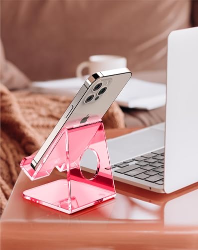 TOPGO Acrylic Cell Phone Stand, Clear Phone Holder for Office Desk, Vanity, Kitchen Counter, Bedside Table, Compatible with iPhone 17 16 15 14 13 12 Pro Max Plus/Smartphones/iPad/Switch/Kindle(Pink) - color: Clear Pink