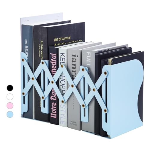 M&G Adjustable Bookends Book Ends for Shelves, Metal Bookend for Heavy Books, Desk Magazine File Organizer Holder Extends up to 20in, Book Stopper for Home, Office, Classroom (Blue) - color: Blue