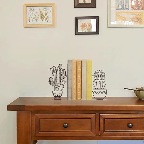 Metal Cactus Planter Book Ends, Dual Wave Pot Design Unique Cute Bookends with Rust Proof Coating, Home Office Decor & Gift for Book Lovers(Brown) - color: Brown