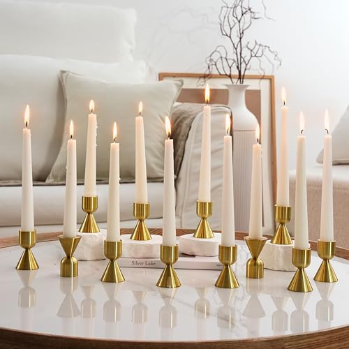 NUPTIO Gold Candlestick Holder Bulk: Set of 12 Brass Taper Candle Stick Holders - Small Aluminium Candleholder for Thanksgiving Birthday Christmas Decor - size: Style 1