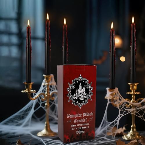 24 Pcs 10 Inch Vampire Blood Taper Candles Vampire Blood Candle, Ritual Spell Unscented Candle Halloween Spooky Decor for Haunted House, Gothic Theme Party. - color: 24Pack-Black Bleeding-10inch