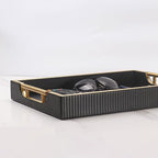Wooden Structure Leather Decorative Coffee Table Square Tray, Farmhouse Counter PU Tray - Room Serving Trays, Brushed Champagne Gold Handle (Black) - color: Black