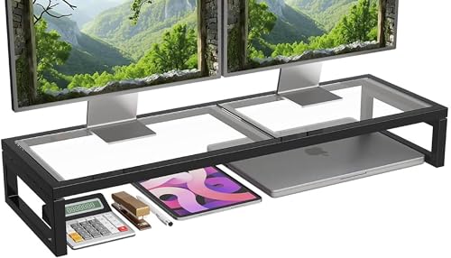 Simple Trending Dual Monitor Stand Riser, Tempered Glass Computer Desk Organizer with Mouse Pad for Laptop, iMac, TV, Black - color: Black, size: 32”W x 10”D x 5.5”H