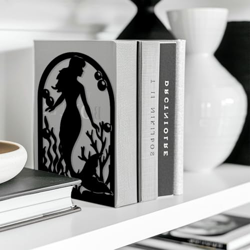 Peacoblue Metal Bookends for Shelves, Modern Decorative Heavy Duty Study Book Support Stoppers for Office, Desk, Shelf, Room 5.3"x4.3"x7.9" Cast Iron Simple Tall Bookends, 1 Pair (Mermaid) - style: Mermaid