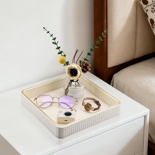 GORESE Square Nightstand Tray Perfume Organizer, Leather Decorative Tray, Purse Bowl Catch All Trays for Trinket Keys, Valet Jewelry Trays for Vanity, Gift for Women & Men, Cream White(9.3'' × 9.3'') - color: Cream White