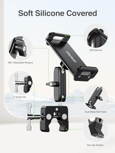 elitehood Aluminum Dual Ball Head Tablet Holder for Mic Stand, Adjustable iPad Mic Stand Holder, Strong Metal iPad Clamp Mount for Aircraft Yoke, Loader, Tractor, Boat, Wheelchair, Stroller, Treadmill - size: 6in - Dual Ball Joint