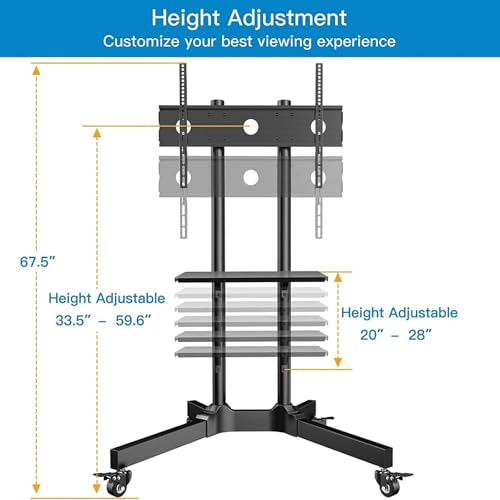 PERLESMITH Rolling TV Stand with Lockable Wheels for 32-86 Inch TVs Holds up to 132 Lbs, Height Adjustable Mobile TV Stand on Wheels with Laptop Shelf, Rolling Tv Cart Max VESA 600x400mm PSTVMC01 - size: 32-86 Inch