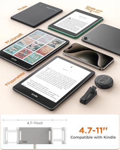 SAIJI Gooseneck Kindle Holder With Remote Page Turner, Tablet Holder for Bed, 39.3 in Flexible Lazy Arm，Free Hands Kindle Accessories, Leather Tablet Stand For Reading In Bed,Fits 4.7-11" Devices,Gray - color: Grey