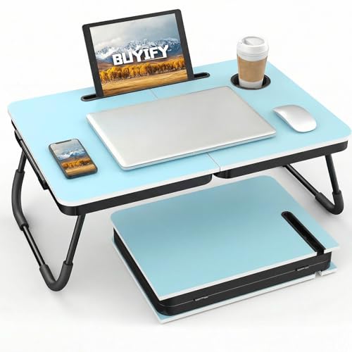 BUYIFY Foldable Laptop Bed Desk for Couch, Sofa - Large Lap Desk Tray Table with Cup Holder and Tablet Slot - Portable Notebook Stand for Eating, Writing, Studying and WFH (Blue) - color: Blue