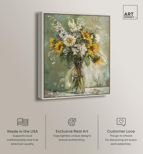 Art Remedy Sunflowers In A Glass Vase Canvas Vintage Farmhouse Wall Art, Silver Frame, 36" x 45" - color: Silver Frame, size: 46"L x 37"W