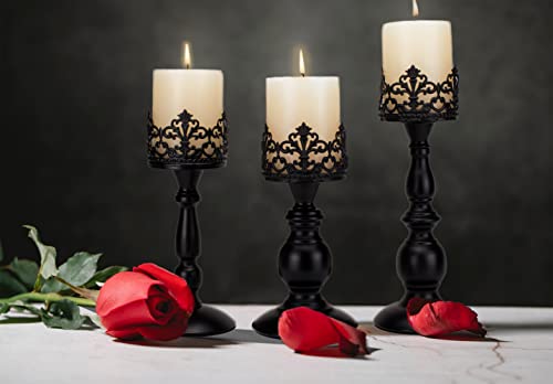Vintage Pillar Candle Holders for Table Centerpiece Set of 3-11'' 9'' 8'' - Matte Black Metal Candle Stands Decorative - Candle Centerpiece for Table Fireplace Decor - Gothic Candle Holder - color: Matte Black