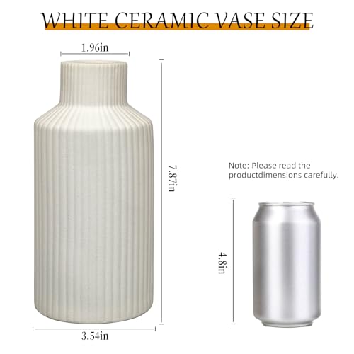 White Ceramic Vase for Flowers - 7.9 Inch Matte Ribbed Modern Vase, Weighted 1.4lb Base & Waterproof Pottery for Pampas Grass, Minimalist Farmhouse Decor for Table Centerpiece Bookshelf