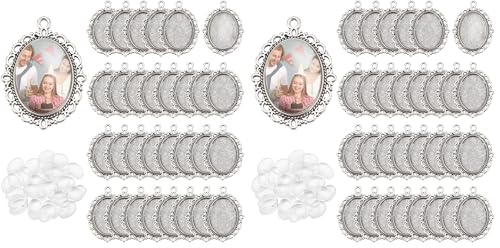 PH PandaHall 60pcs Bezel Pendant Blanks Settings - 30pcs Oval Pendant Trays Photo Charms with 30pcs Glass Cabochons for Wedding Brides Bridal Bouquet Charm Necklace Jewelry Making, 25x18mm (Pack of 2) - size: Tray: 25x18mm (Pack of 2)
