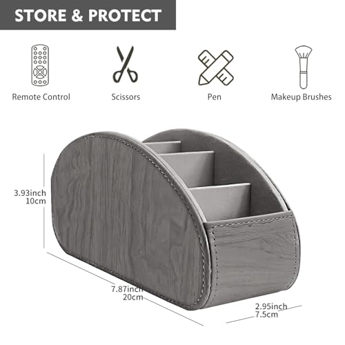 Remote Control Holder, Leather 5 Rooms Desk Organizer and Decorations for Living Room, Bedside Storage Remotes Caddy for TV Controllers/ Makeup Brush Pen/ Office Stationery/ Art Supplies/ Eyeglasses - color: Grey wood grain, size: Small