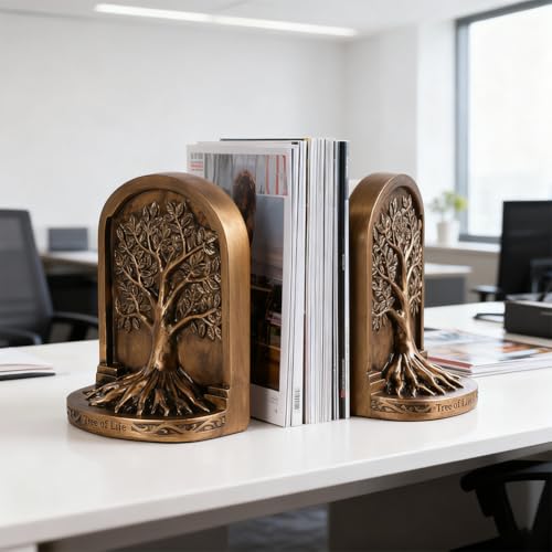 Tree of Life Bookends Set – 6.1" Resin Decorative Bookends, Antique Bronze Finish, Non-Skid Heavy Duty Support for Books, Bookshelf Decor, Office, Library, Housewarming Gift - color: Antique Bronze