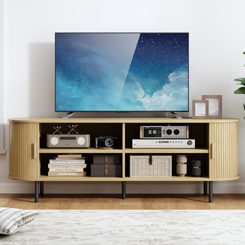 63" TV Stand with Power Outlet, Modern Media Console with Sliding Doors, Entertainment Center for TVs up to 60 Inch, Adjustable Shelves, Oak - color: Oak, size: 63 Inch